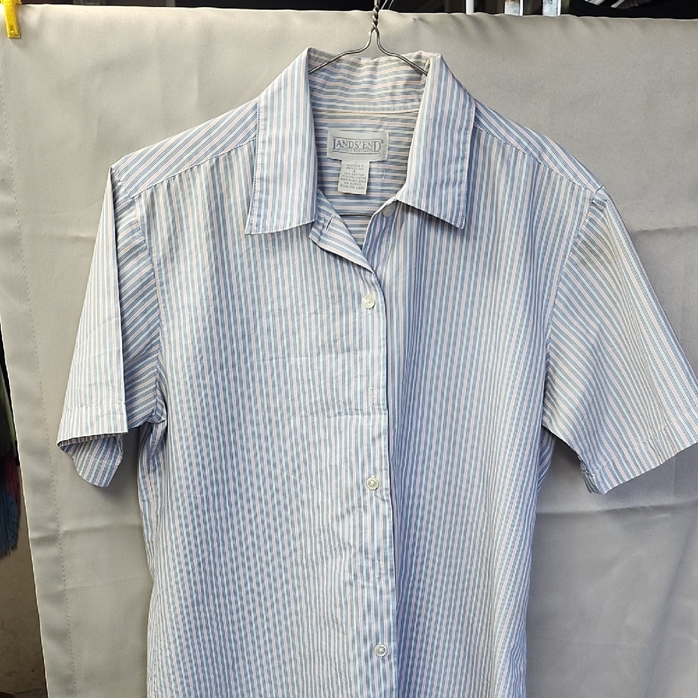 Vintage Lands End Womens Short Sleeve Button Up Blouse Size S